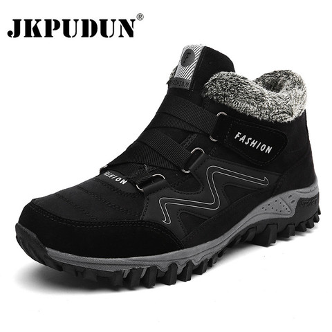 JKPUDUN Leather Men Boots Winter with Fur 2022 Warm Snow Boots Men Winter Work Casual Shoes Sneakers High Top Rubber Ankle Boots ► Photo 1/6