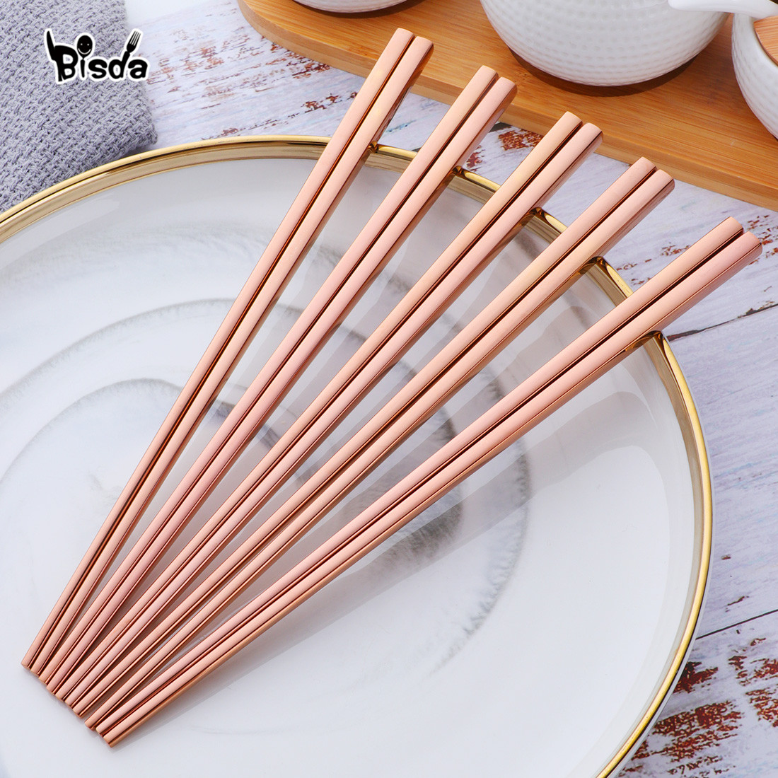 Chinese Chopsticks 5 Pairs Stainless Steel Gold Set Black Metal Sushi Dinnerware 