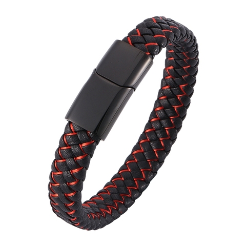 Newest Men Trendy Bracelet Jewelry Black Red Mixed Weave Leather Bracelet Stainless Steel Magnetic Clasp Male Bangles SP0013 ► Photo 1/6