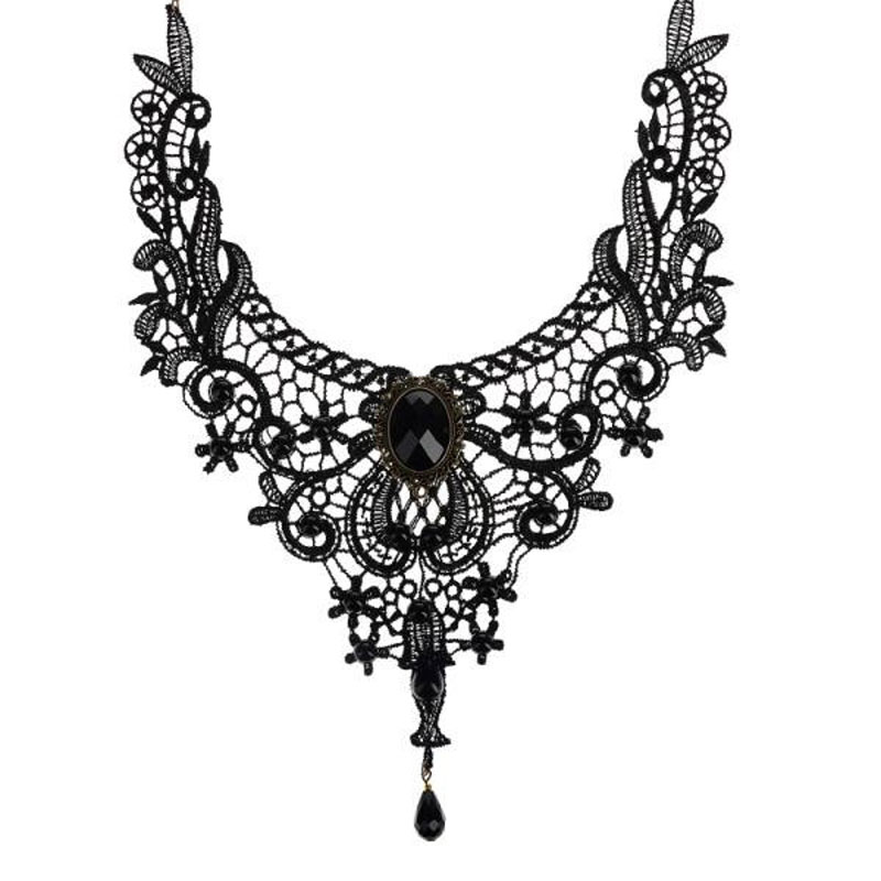 Lace Choker Necklace With Beads Chain Pendants Gothic Jewelry For Woman Girl  - Black 