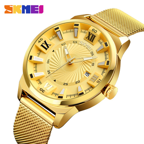 SKMEI Top Luxury Brand Men Quartz Watch Business Gold Strap Watches Male Waterproof Wristwatches Relogio Masculino 9166 ► Photo 1/6