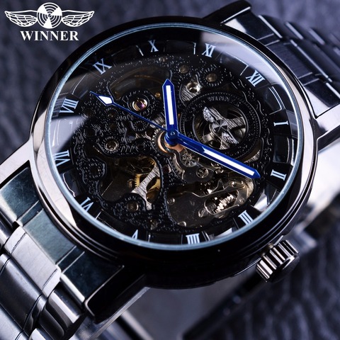 Winner Skeleton Black Stainless Steel Blue Hands Luminous Mens Watches Top Brand Luxury Watch Men Montre Homme Automatic Watches ► Photo 1/6