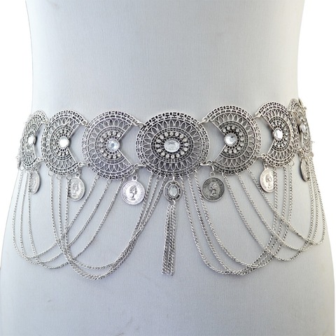 Bohemian Gypsy Belly Chains Silver Bronze Inlay Crystal Flower Chain Tassel Coin Belly Dance Belt Waist Body Chain India Jewelry ► Photo 1/1