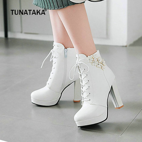 Womens Ankle Boots Round Toe Block Chunky High Heels Lace Up Platform Shoes 2019