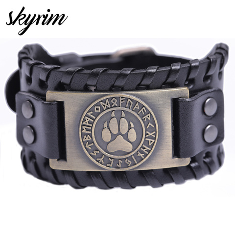 Skyrim Viking Wolf Claws Braided Genuine Leather wide Bracelets  for men Nordic Runes Wristbands Odin Symbol Bangles Gift ► Photo 1/6