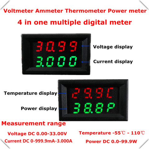 RD Dual 4in1 Digital Thermometer 18b20 Power meter Ammeter Voltmeter voltage temperature 4 Bit DC 0-33.0V/3A 4 pcs/lot ► Photo 1/6