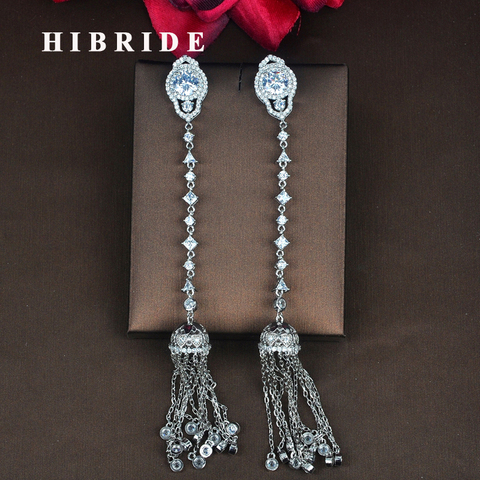 HIBRIDE Fashion Clear Cubic Zircon Women Long Chain Tassel Earrings Pendientes Boucle d'oreille Jewelry Brincos Wholsale E-833 ► Photo 1/2