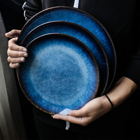 blue Western-style plate, Japanese flat plate, round tray, domestic commercial steak dish plate. ► Photo 1/5