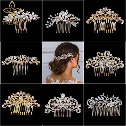 TREAZY Gold Color Wedding Hair Combs For Women Charm Pearls Crystal Bridal Hair Accessories Birthday Party Headwear Brides Tiara ► Photo 1/6
