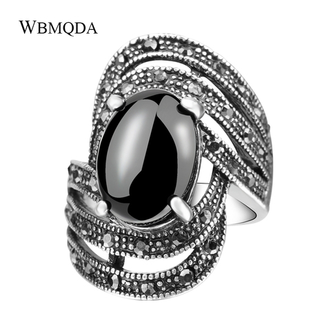 Hot 2022 Vintage Black Crystal Rings For Women Tibetan Silver Jewelry Fashion Punk Big Stone Line Wave Ring Free Shipping ► Photo 1/6