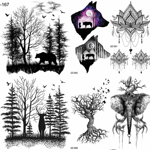 FANRUI Forest Bear Deer Temporary Tattoo Stickers Women Women Elk Fake Tatoo Body Arm Buy Summer Style Tattoo illustration Tree ► Photo 1/1