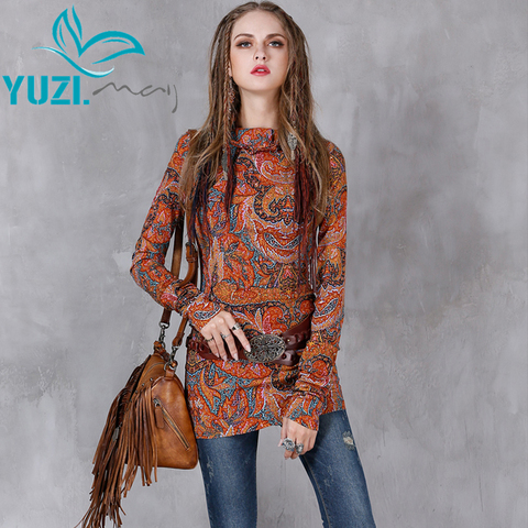 T shirt Women 2017 Yuzi.may Boho New Cotton Linen Tops All Match Floral Print Stand Collar Frog Knot Stretchy Shirts  B9153 ► Photo 1/6