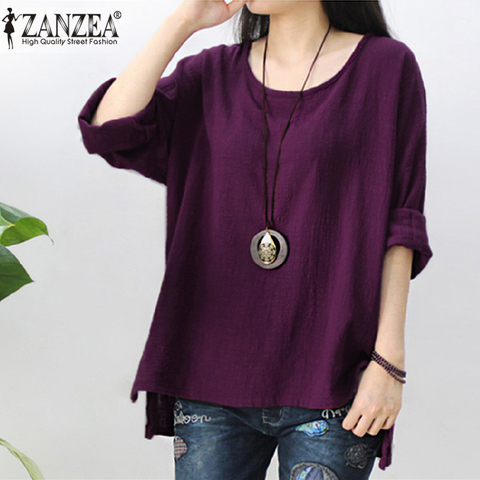 ZANZEA Women Vintage Long Sleeve Solid Blouse Autumn Casual Loose Tops Party Baggy Blusas Robe Femme Office Cotton Linen Shirt ► Photo 1/6