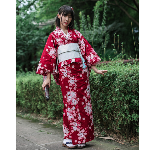 Traditional Japanese Floral Kimono with Obi Women's Cotton Bath Robe Yukata Female Vintage Cosplay Costume Evening Dress ► Photo 1/6