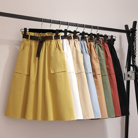 Midi Knee Length Summer Autumn Skirt Women No Belt Casual Cotton Solid High Waist Sun School Skirt Female ► Photo 1/6