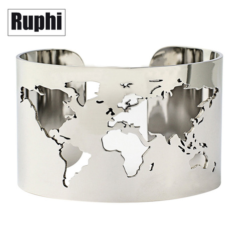 World Map Cut-out Cuff Bangle Bracelet Travel Peace Jewelry Stainless Steel 40mm Wide Laser Engraving Fine Polished Circle Angle ► Photo 1/6