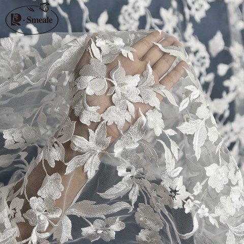 Free Shipping 130cm Width Ivory Vintage Embroidered Lace Fabric with Floral.3D High-end Luxury Wedding Gown Lace Fabric RS2103 ► Photo 1/6