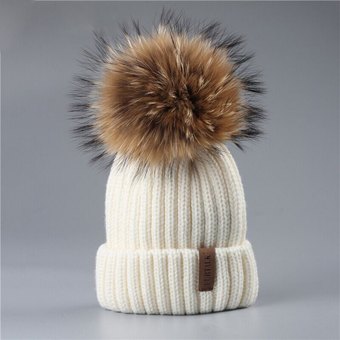 FURTALK Kids Winter Hat Girls Beanie Hat Raccoon Fur Knitted pompom Hat Children Boys skullies beanies Winter Kids Cap Ages 2-10 ► Photo 1/6