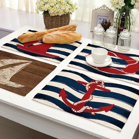 1Pcs Creative Nautical Anchor Pattern Kitchen Placemat Table Mat Coaster Cotton Linen Pad Dish Cup Mat 42*32cm Home Decor MS0015 ► Photo 1/6