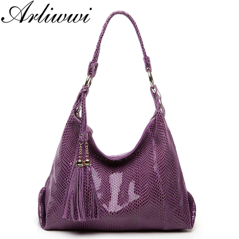 Arliwwi Brand Real Soft Suede Cow Leather Lady Crossbody Tassel Handbags shiny Snake Embossed shoulder Tote Bags For Women GY11 ► Photo 1/6