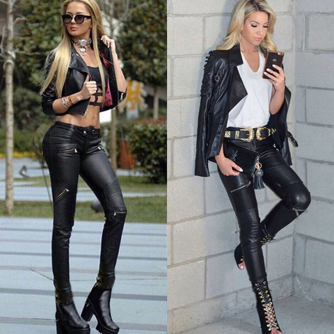 High Waist Stretch Pu Leather Pants Women Skin Tight Motorcycle Gothic Punk Rock Pencil Trousers Zipper Moto Biker Plus Size XS ► Photo 1/6