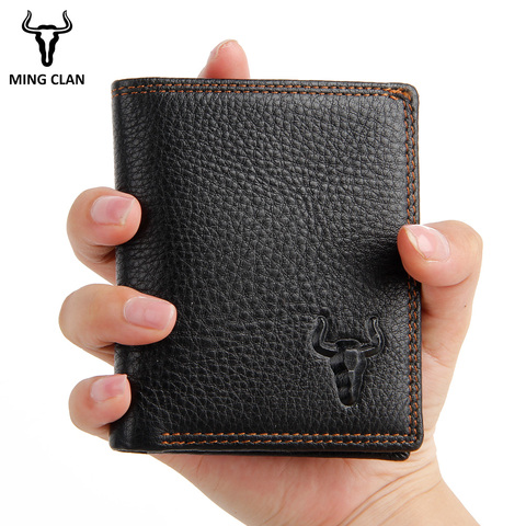 Wallet Men Cowhide Leather Small Wallet Black Flip ID Card Holder Mini Credit Card Purse Thin Wallets with Zipper Coin Pocket ► Photo 1/6