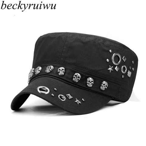 Beckyruiwu Adult Hip hop Punk Rock Skull Rivet Flat Peaked Hats Men Spring and Autumn Fitted Baseball Caps ► Photo 1/6