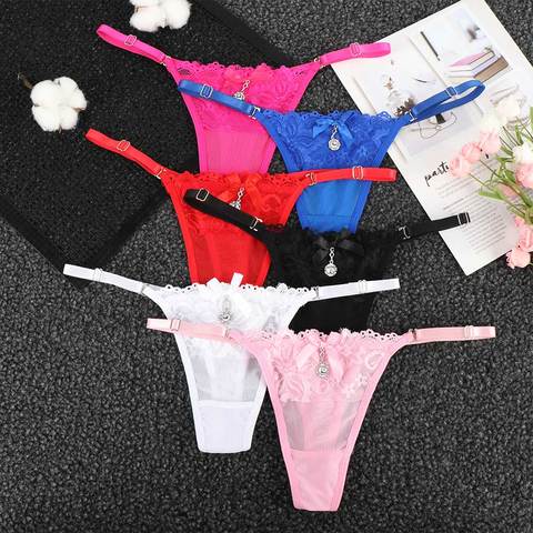 Women Lace Panties Thongs Pearl Pendant Lace Embroidery G-String T-Back Briefs Underwear Adjustable Ladies Panties Sexy Lingerie ► Photo 1/6