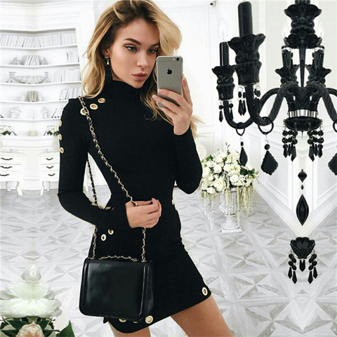 2022 Spring Summer New Women Long Sleeve Sexy Black Mini Dress Package Hip Eyelet Bandage Dress High-Necked Casual Party Dress ► Photo 1/4