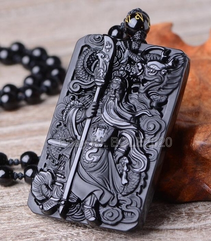 Beautiful Chinese Handwork Natural Black Obsidian Carved Sword GuanGong Lucky Amulet Pendant + Beads Necklace Fashion Jewelry ► Photo 1/6