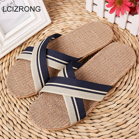 LCIZRONG New Linen Beach Slippers Men 35-45 Large Size Home Shoes Flip Flops Man Indoor Bathroom Slides Unisex Family Slippers ► Photo 1/6