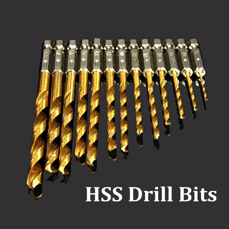13pcs HSS High Speed Steel Drill Bit Set Hex Shank Bits Titanium Coated Tools. 