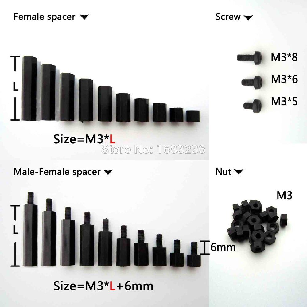 3mm Nylon Hex Spacer Standoff Pillar Male-Female Screws NYLON66 Black M3 