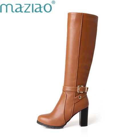 MAZIAO 2022 Plus Size 34-43 Women Boots Square Heels Round Toe Knee-High Boots Woman Shoes Winter Boots Black  Brown ► Photo 1/6