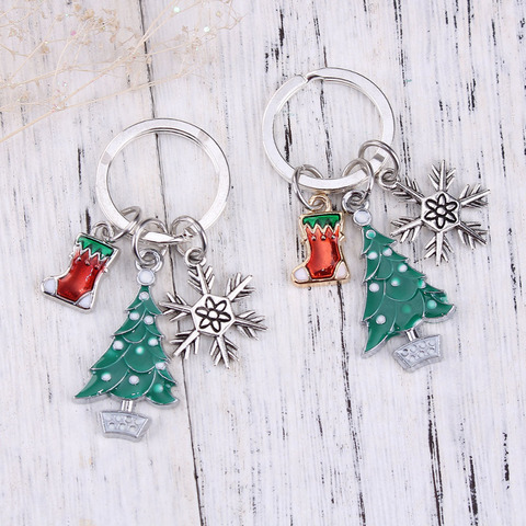 Doreen Box Key chain & Key ring Christmas Tree Silver Color Stocking Snowflake Carved White & Green Enamel 6.1cm(2 3/8