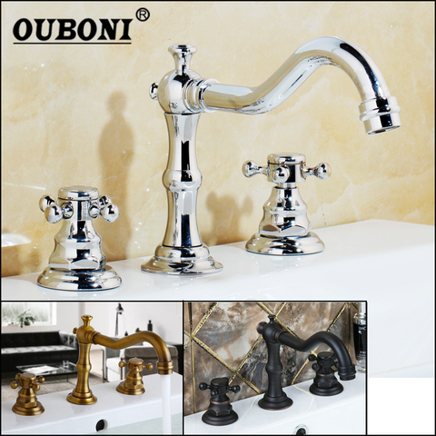 OUBONI Chrome Solid Brass Bathroom Basin Mixer Tap Antique Brass Black ORB Kitchen Sink Faucet Dual Handles 3 Pcs Basin Faucet ► Photo 1/6