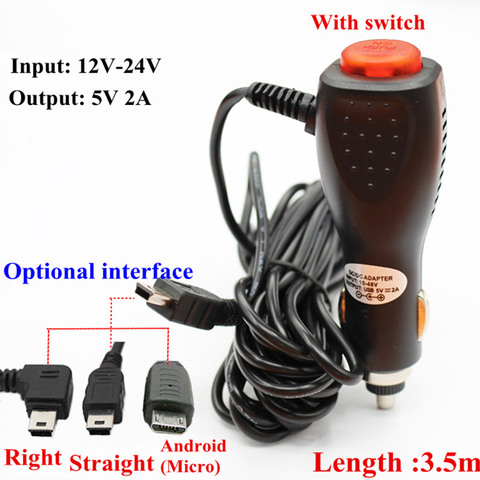 3.5meter 5V 2A Micro / mini USB Car Charger Adapter with Switch for Car DVR Camera Video Recorder / GPS input DC 12V - 24V ► Photo 1/6