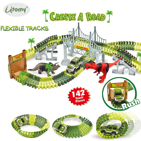 Create a Road Dinosaur and soldiers Race Car Track Train Toys,Flexible Tracks Playset with Racing Cars and Accessories for kids ► Photo 1/6