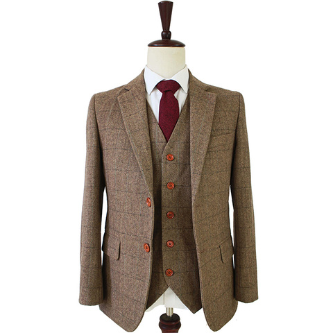 tailor made slim fit suits for men retro wool Brown Herringbone Tweed wedding dress custom mens 3 piece suit Blazers ► Photo 1/6