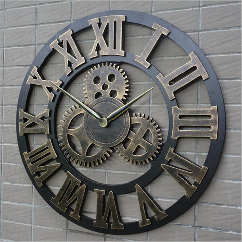 Retro industrial wind gear wood Wall clock vintage European style living room large classic golden roman numeral home clocks ► Photo 1/6