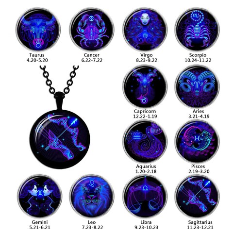Hot Sale Fashion 12 Zodiac Sign Glass Cabochon Pendant Necklace Constellation Horoscope Astrology Statement Necklace for Women ► Photo 1/6