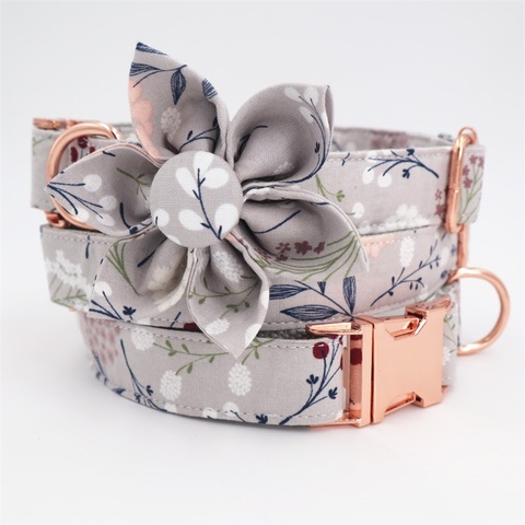 grey floral girl dog collar flower for big, small dog cotton fabric collar with rose gold metal buckle ► Photo 1/6