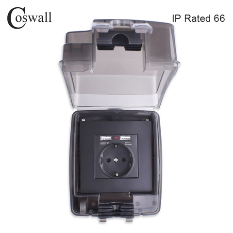 Coswall IP66 Weatherproof Waterproof Outdoor BOX Wall Socket 16A EU Outlet With Dual USB Charging Port External Installation ► Photo 1/6