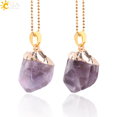 CSJA Gold-color Natural Purple Crystal Quartz Necklaces & Pendants for Women Men Irregular Gem Stone Reiki Chakra Jewellery E641 ► Photo 1/6