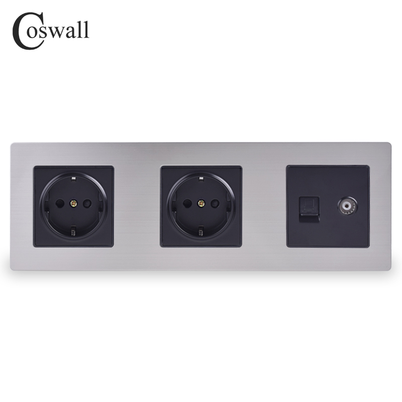 EU Plug 16A Standard Wall Socket Stainless Steel Brushed Silver Panel Electronic 