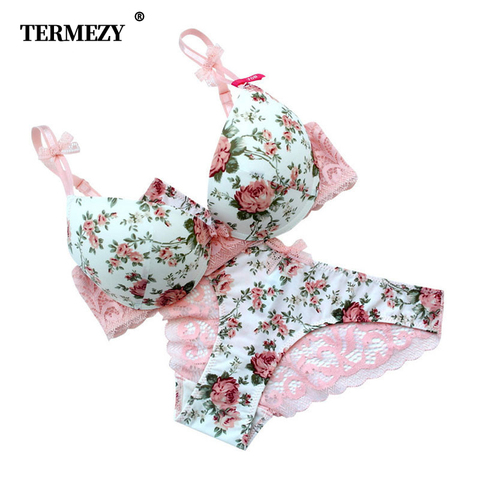 Famous Brand Sexy High Quality Women Print Bra set Silk Lace Flower Push up Big size Underwear Bow Bra and Hollow out Panties ► Photo 1/6