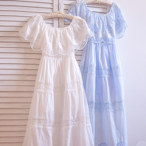 TIYIHAILEY Free Shipping High Quality Cotton Embroidery Dress Summer Long Mid Calf  White Dress Japan Style Slash Neck Dresses ► Photo 1/5