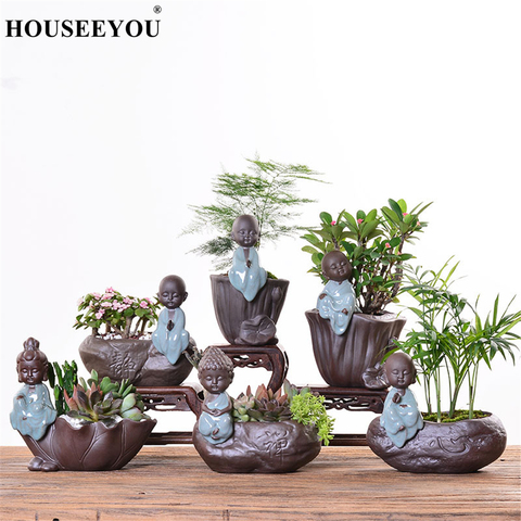 Ceramic Flowerpots Vase Zen Little Buddha Monk Exquisite Ceramic Decorations Purple Sand Pottery Tea Play Planters Flower Pot ► Photo 1/1