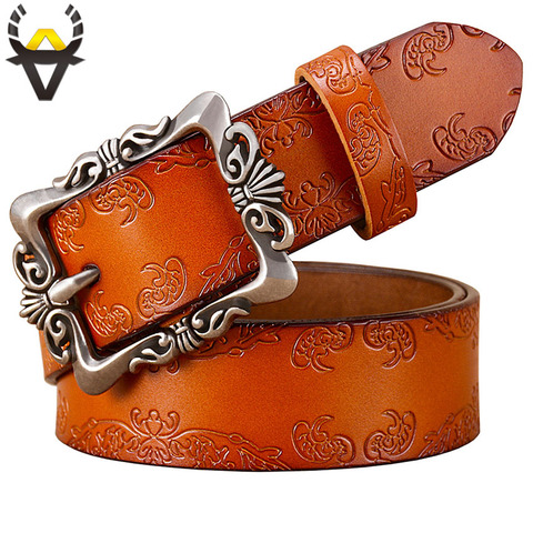 Vintage Pin Buckle Genuine Leather Belts for Women Fashion Floral Cow Skin Ladies Girdle Wide Female Strap Jeans Width 3.2 Cm ► Photo 1/6