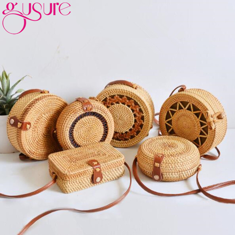 Gusure Woven Rattan Bag Round Straw Shoulder Bag Small Beach